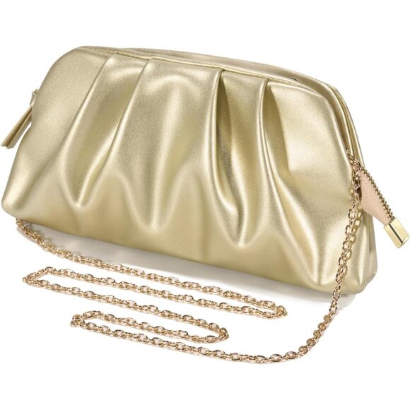 ⚡Women's Soft Pleated Vegan Leather Zipper Closure Evening Gold Clutch Bag - Picture 2 of 6